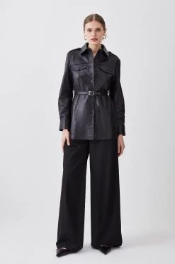 Karen Millen Leather Belted Fitted Shirt Jacket 9 Karen Millen Leather Belted Fitted Shirt Jacket -Karen Millen shop black leather belted fitted shirt jacket 1