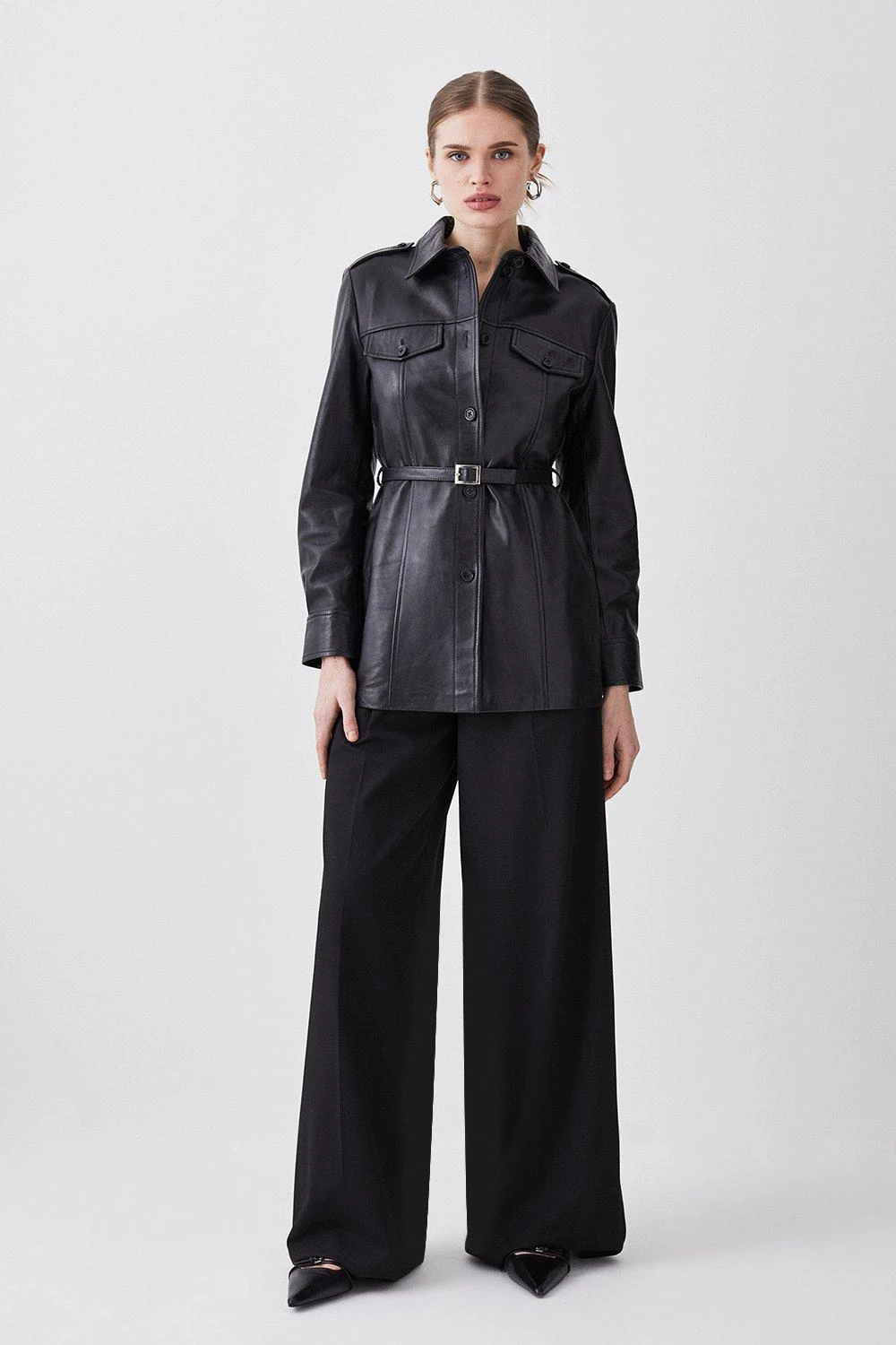 Karen Millen Leather Belted Fitted Shirt Jacket 4 Karen Millen Leather Belted Fitted Shirt Jacket - Image 2
