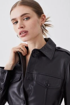 Karen Millen Leather Belted Fitted Shirt Jacket 11 Karen Millen Leather Belted Fitted Shirt Jacket -Karen Millen shop black leather belted fitted shirt jacket 3
