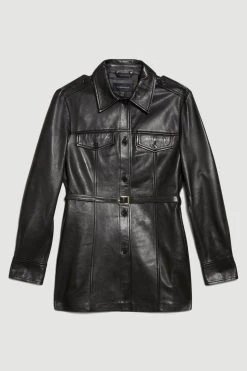 Karen Millen Leather Belted Fitted Shirt Jacket 12 Karen Millen Leather Belted Fitted Shirt Jacket -Karen Millen shop black leather belted fitted shirt jacket 4