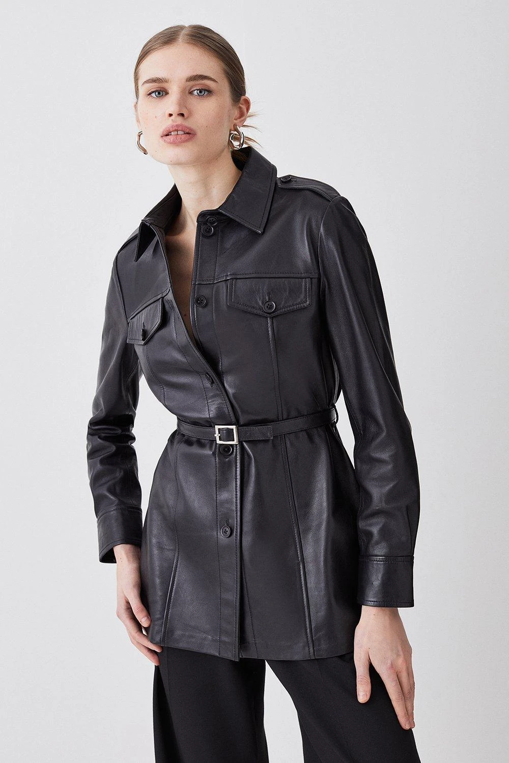Karen Millen Leather Belted Fitted Shirt Jacket 3 Karen Millen Leather Belted Fitted Shirt Jacket