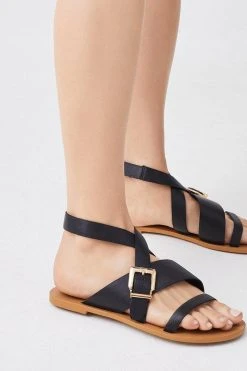 Karen Millen Leather Buckle Detail Flat Sandal -Karen Millen shop black leather buckle detail flat sandal 2