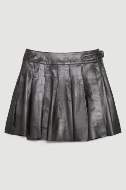 Karen Millen Leather Buckle Side Pleated Mini Skirt -Karen Millen shop black leather buckle side pleated mini skirt 1 4
