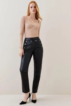Karen Millen Leather Button Detail Trouser -Karen Millen shop black leather button detail trouser 1