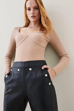 Karen Millen Leather Button Detail Trouser -Karen Millen shop black leather button detail trouser 4
