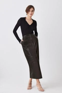 Karen Millen Leather Button Front Maxi Skirt -Karen Millen shop black leather button front maxi skirt 1 2