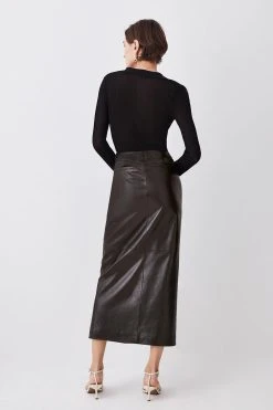 Karen Millen Leather Button Front Maxi Skirt -Karen Millen shop black leather button front maxi skirt 1 3