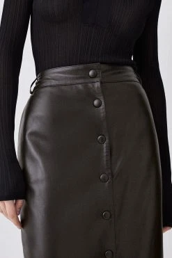 Karen Millen Leather Button Front Maxi Skirt -Karen Millen shop black leather button front maxi skirt 1 4