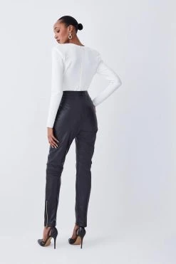 Karen Millen Leather Button Pocket Detail Zip Hem Slim Leg -Karen Millen shop black leather button pocket detail zip hem slim leg 1 3
