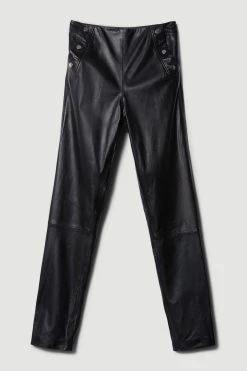 Karen Millen Leather Button Pocket Detail Zip Hem Slim Leg -Karen Millen shop black leather button pocket detail zip hem slim leg 1 4