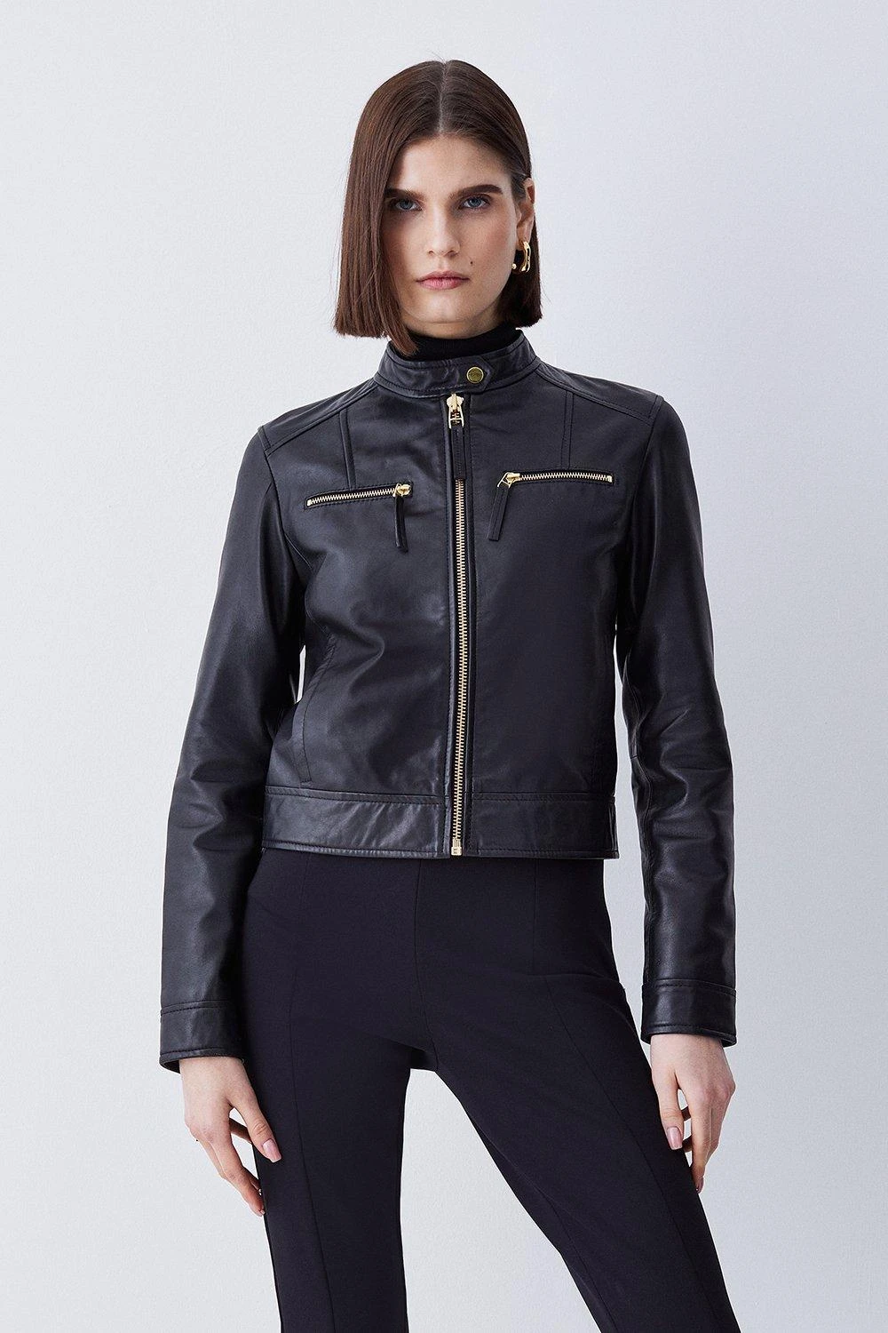 Karen Millen Leather Clean Collarless Biker Jacket 3 Karen Millen Leather Clean Collarless Biker Jacket