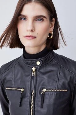 Karen Millen Leather Clean Collarless Biker Jacket 8 Karen Millen Leather Clean Collarless Biker Jacket -Karen Millen shop black leather clean collarless biker jacket 1 1