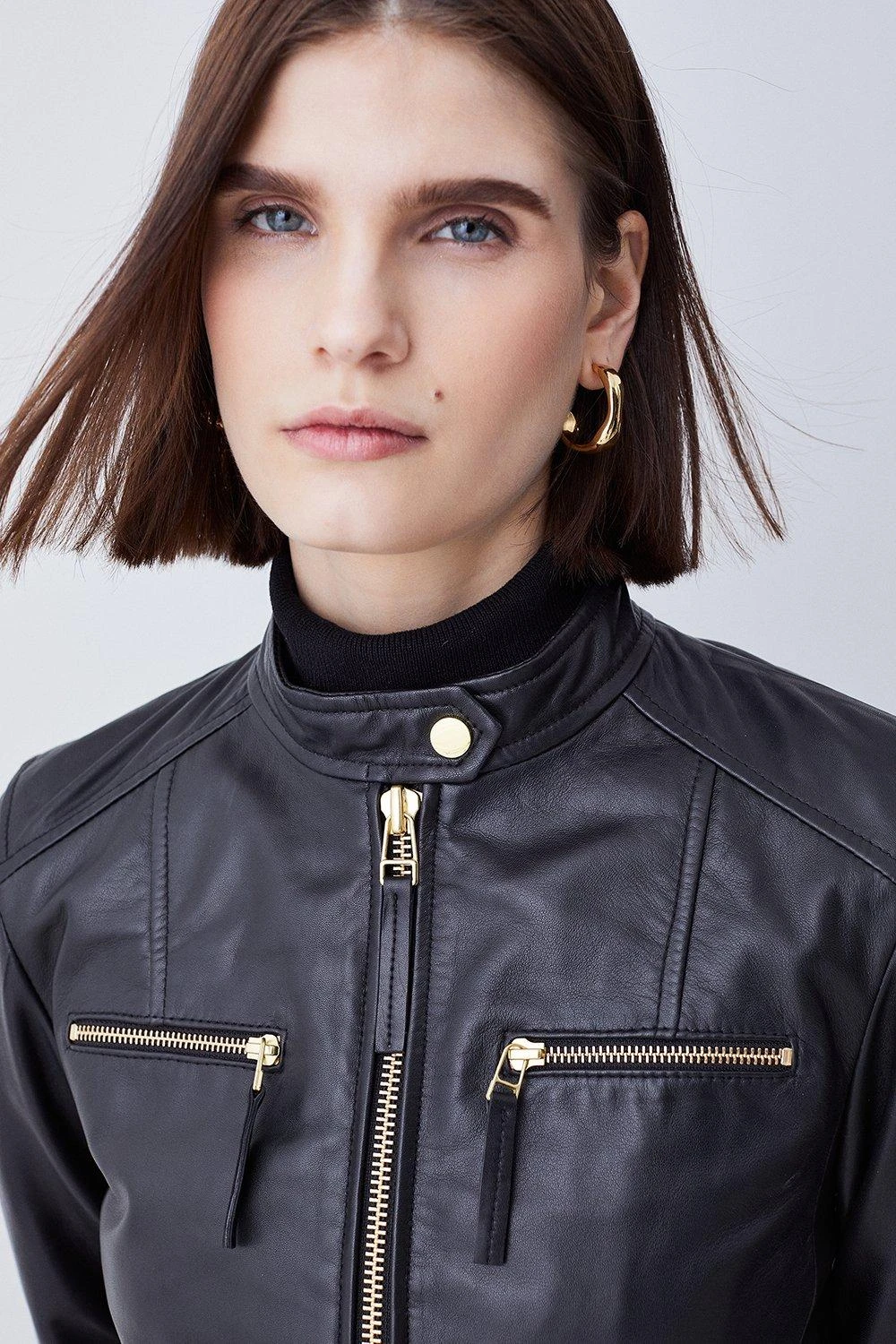 Karen Millen Leather Clean Collarless Biker Jacket 4 Karen Millen Leather Clean Collarless Biker Jacket - Image 2