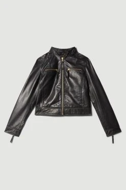 Karen Millen Leather Clean Collarless Biker Jacket 10 Karen Millen Leather Clean Collarless Biker Jacket -Karen Millen shop black leather clean collarless biker jacket 1 3