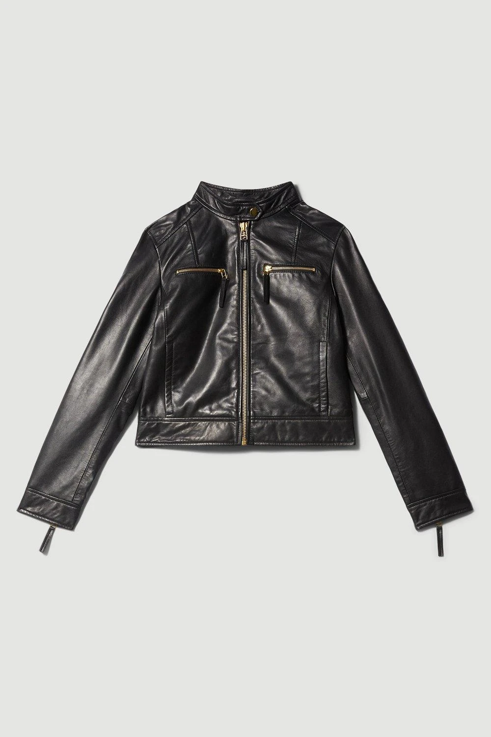 Karen Millen Leather Clean Collarless Biker Jacket 6 Karen Millen Leather Clean Collarless Biker Jacket - Image 4