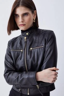 Karen Millen Leather Clean Collarless Biker Jacket 11 Karen Millen Leather Clean Collarless Biker Jacket -Karen Millen shop black leather clean collarless biker jacket 1 4