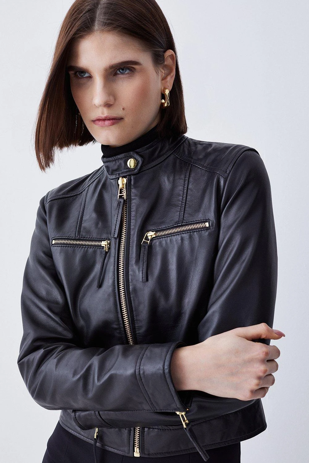 Karen Millen Leather Clean Collarless Biker Jacket 7 Karen Millen Leather Clean Collarless Biker Jacket - Image 5
