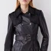 Karen Millen Leather Contrast Panels Belted Midi Trench Coat -Karen Millen shop black leather contrast panels belted midi trench coat