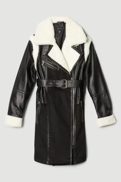 Karen Millen Leather & Contrast Shearling Biker Coat