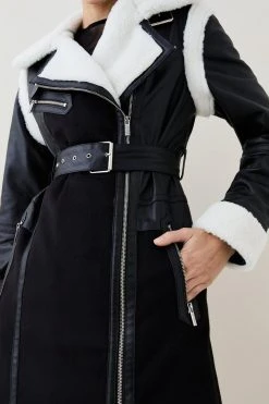 Karen Millen Leather & Contrast Shearling Biker Coat -Karen Millen shop black leather contrast shearling biker coat 1 2