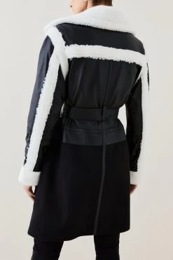 Karen Millen Leather & Contrast Shearling Biker Coat -Karen Millen shop black leather contrast shearling biker coat 1 3