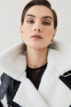 Karen Millen Leather & Contrast Shearling Biker Coat -Karen Millen shop black leather contrast shearling biker coat 1 5