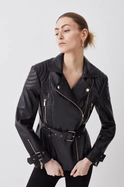 Karen Millen Leather Contrast Textured Panels Biker Jacket