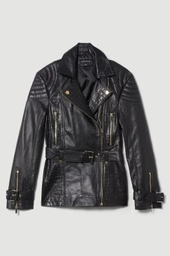 Karen Millen Leather Contrast Textured Panels Biker Jacket -Karen Millen shop black leather contrast textured panels biker jacket 1 2