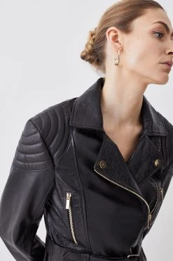 Karen Millen Leather Contrast Textured Panels Biker Jacket -Karen Millen shop black leather contrast textured panels biker jacket 1 3
