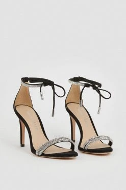 Karen Millen Leather Diamante Ankle Tie Heeled Sandal
