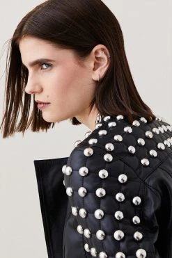 Karen Millen Leather Dome Stud & Quilted Detail Biker Jacket -Karen Millen shop black leather dome stud quilted detail biker jacket 1 3