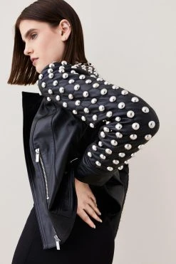 Karen Millen Leather Dome Stud & Quilted Detail Biker Jacket -Karen Millen shop black leather dome stud quilted detail biker jacket 1 4