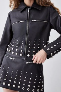 Karen Millen Leather Graduate Dome Stud Zip Through Biker Jacket -Karen Millen shop black leather graduate dome stud zip through biker jacket 2