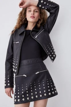 Karen Millen Leather Graduate Dome Stud Zip Through Biker Jacket