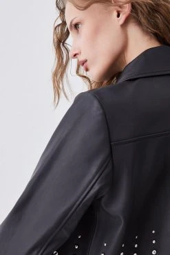 Karen Millen Leather Graduate Dome Stud Zip Through Biker Jacket -Karen Millen shop black leather graduate dome stud zip through biker jacket 3
