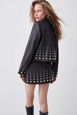Karen Millen Leather Graduate Dome Stud Zip Through Biker Jacket -Karen Millen shop black leather graduate dome stud zip through biker jacket 4