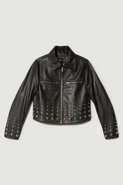 Karen Millen Leather Graduate Dome Stud Zip Through Biker Jacket -Karen Millen shop black leather graduate dome stud zip through biker jacket 5