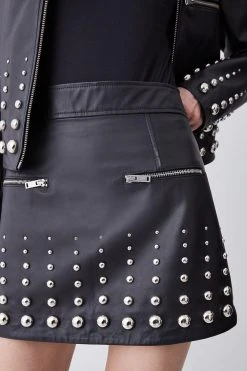 Karen Millen Leather Graduating Dome Stud Zip Through Mini Skirt