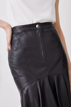 Karen Millen Leather High Low Peplum Skirt -Karen Millen shop black leather high low peplum skirt 1 2