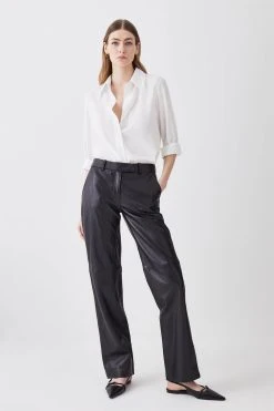Karen Millen Leather Low Rise Straight Leg Trouser -Karen Millen shop black leather low rise straight leg trouser 1 3