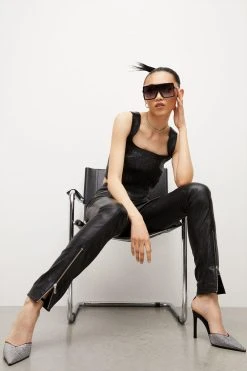 Karen Millen Leather Moto Zip Detail Leather Trouser -Karen Millen shop black leather moto zip detail leather trouser 2