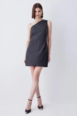 Karen Millen Leather One Shoulder Mini Dress -Karen Millen shop black leather one shoulder mini dress 3