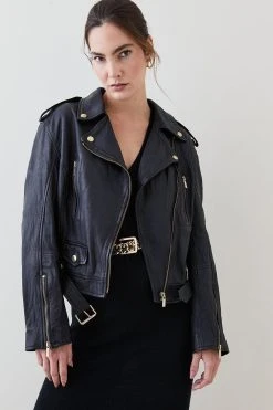 Karen Millen Leather Oversize Crop Washed Biker Jacket