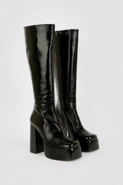 Karen Millen Leather Platform Knee High Boot -Karen Millen shop black leather platform knee high boot 4
