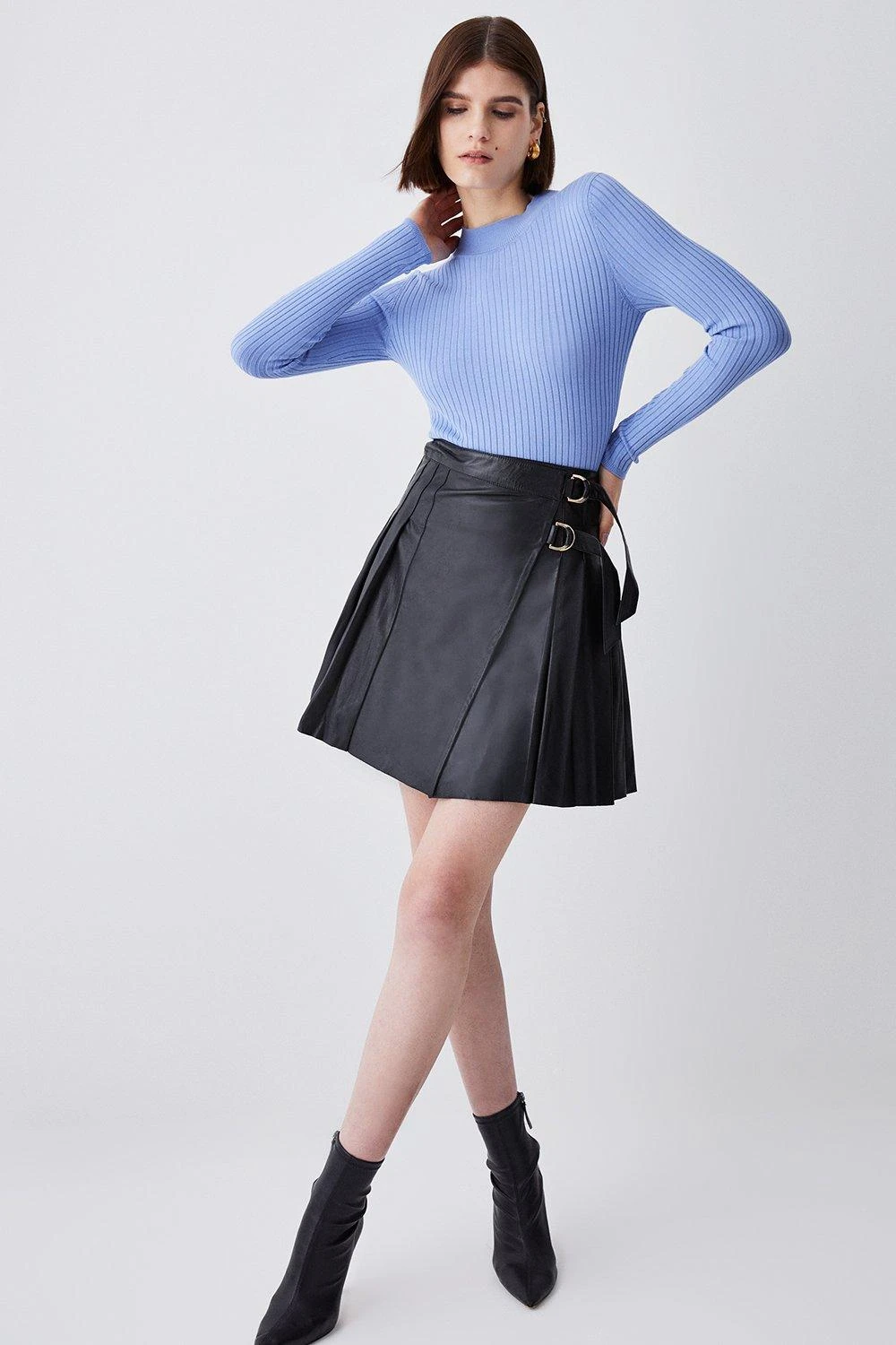 Karen Millen Leather Pleated Buckle Kilt Skirt 3 Karen Millen Leather Pleated Buckle Kilt Skirt