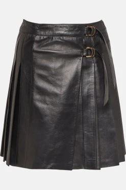 Karen Millen Leather Pleated Buckle Kilt Skirt 11 Karen Millen Leather Pleated Buckle Kilt Skirt -Karen Millen shop black leather pleated buckle kilt skirt 1 4