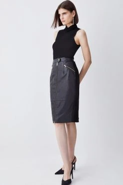 Karen Millen Leather & Ponte Zip Through Pencil Skirt