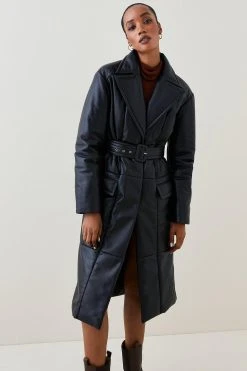 Karen Millen Leather Puffer Belted Trench Coat -Karen Millen shop black leather puffer belted trench coat 3
