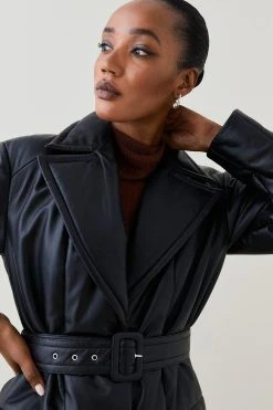 Karen Millen Leather Puffer Belted Trench Coat -Karen Millen shop black leather puffer belted trench coat 4