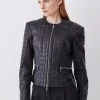 Karen Millen Leather Quilted Panelled Collarless Jacket